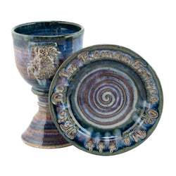 Holbrook Stoneware - Scripture and Grapes Stoneware (Ceramic) Chalice and Paten Set, Pastel Blue