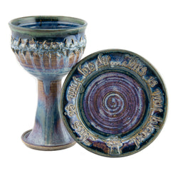 Holbrook Stoneware - Stoneware (Ceramic) Scripture and Crown of Thorns Porcelain Chalice and Paten Set, Pastel Blue
