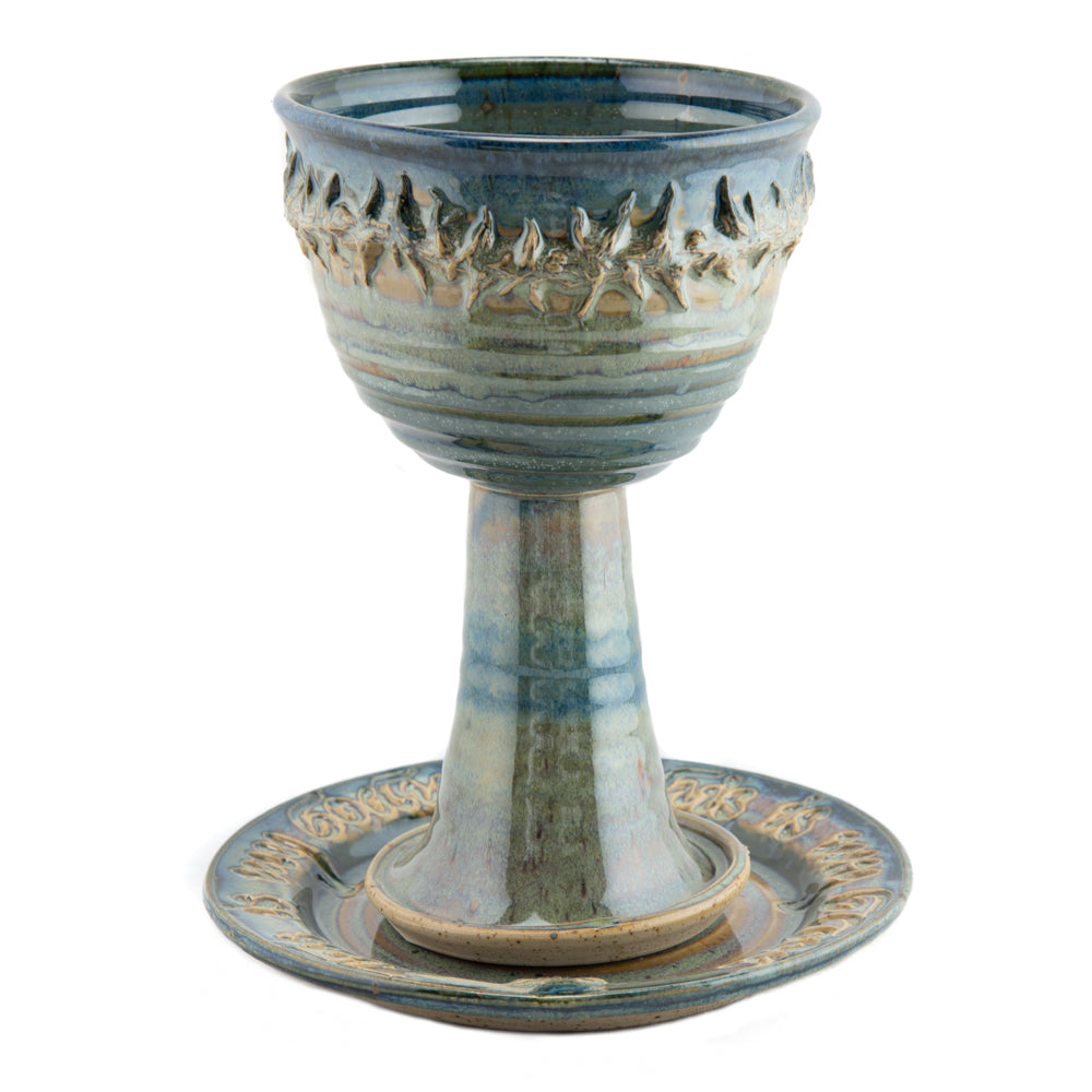 Scripture and Crown of Thorns Stoneware (Ceramic) Chalice and Paten Set