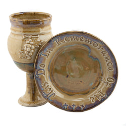 Holbrook Stoneware - Barrel Sides Grape and Scripture Chalice and Paten Set - Tan